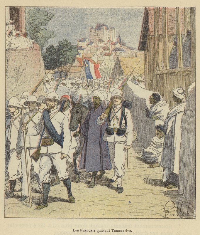 Franskmennene forlater Antananarivo av after Louis Charles Bombled