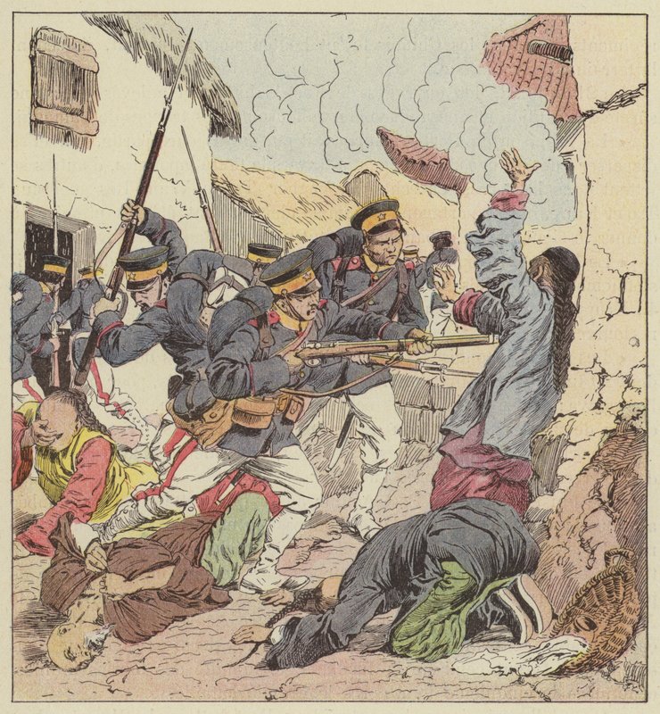 Japanerne massakrerer kineserne ved Port Arthur av after Louis Charles Bombled