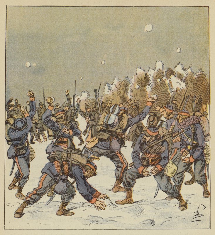 Soldater fra begge hærene kjemper med snøballer om morgenen 11. januar av after Louis Charles Bombled