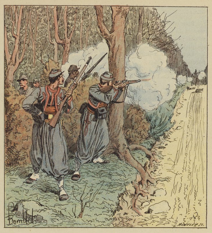 De pavelige zouavene trekker seg tilbake gjennom Orleans-skogen og holder bayerne i sjakk av after Louis Charles Bombled