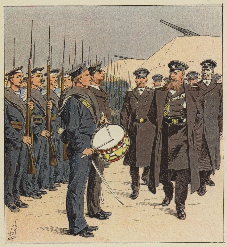 Russiske sjømenn under inspeksjon i Port Arthur av after Louis Charles Bombled