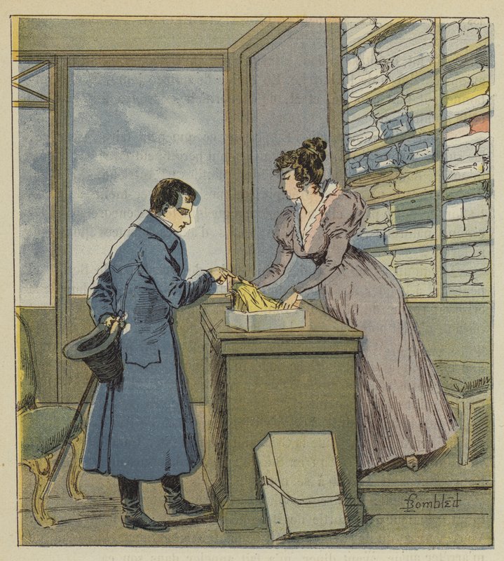 Napoleon i forkledning i en butikk på rue Saint-Denis av after Louis Charles Bombled