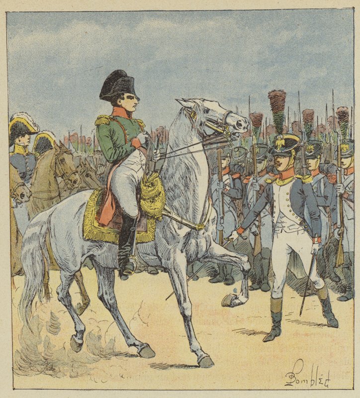 Napoleon blir utfordret i paraden av en løytnant av after Louis Charles Bombled