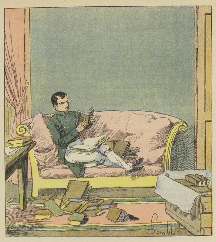 Napoleon går gjennom bøkene som nettopp har blitt sendt til ham av after Louis Charles Bombled