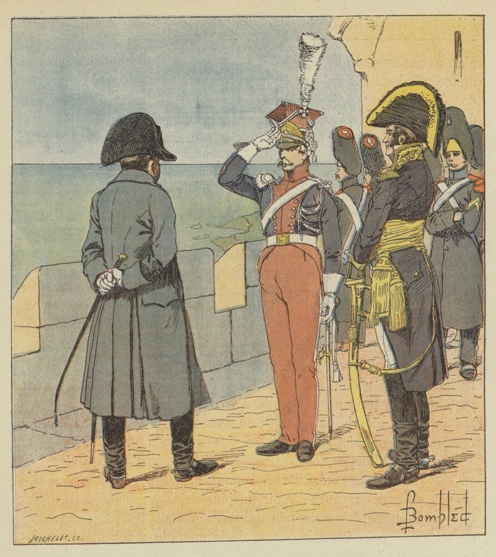 Napoleon tar imot Piotrowski på øya Elba av after Louis Charles Bombled