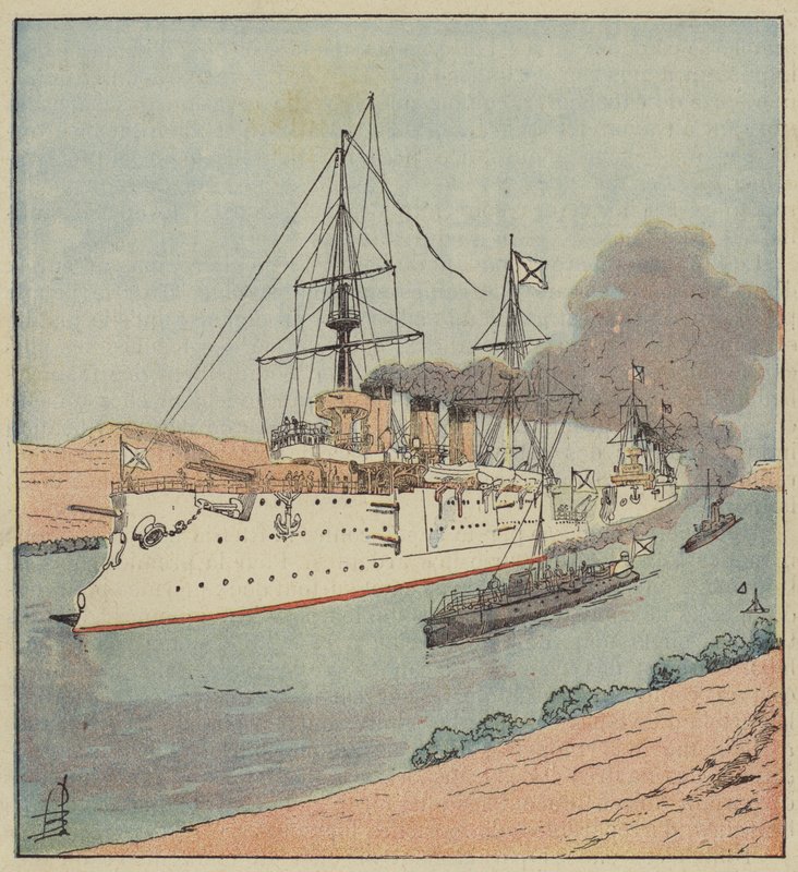 Russiske krigsskip i Suez-kanalen av after Louis Charles Bombled