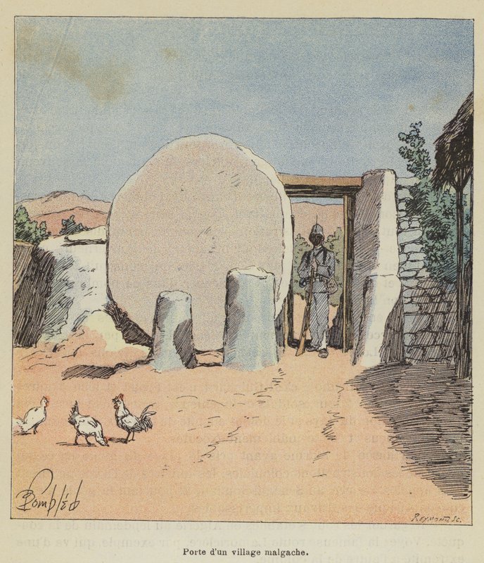 Døren til en madagaskisk landsby av after Louis Charles Bombled