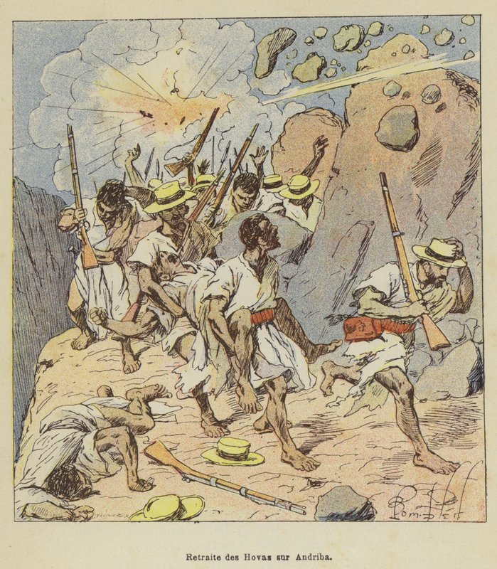 Retreat of the Hovas på Andriba av after Louis Charles Bombled