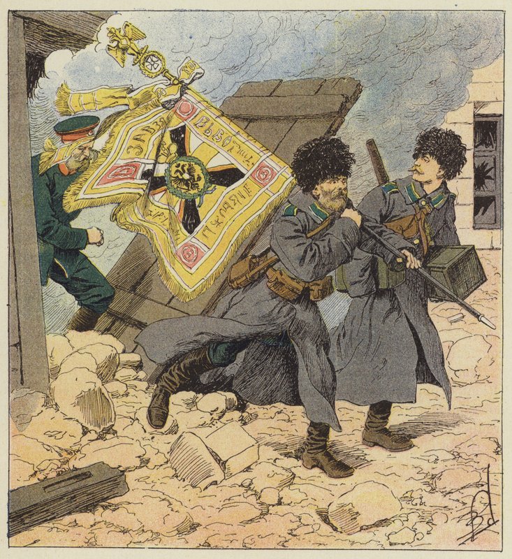 Redning av flagget under bombingen av Vladivostok av after Louis Charles Bombled