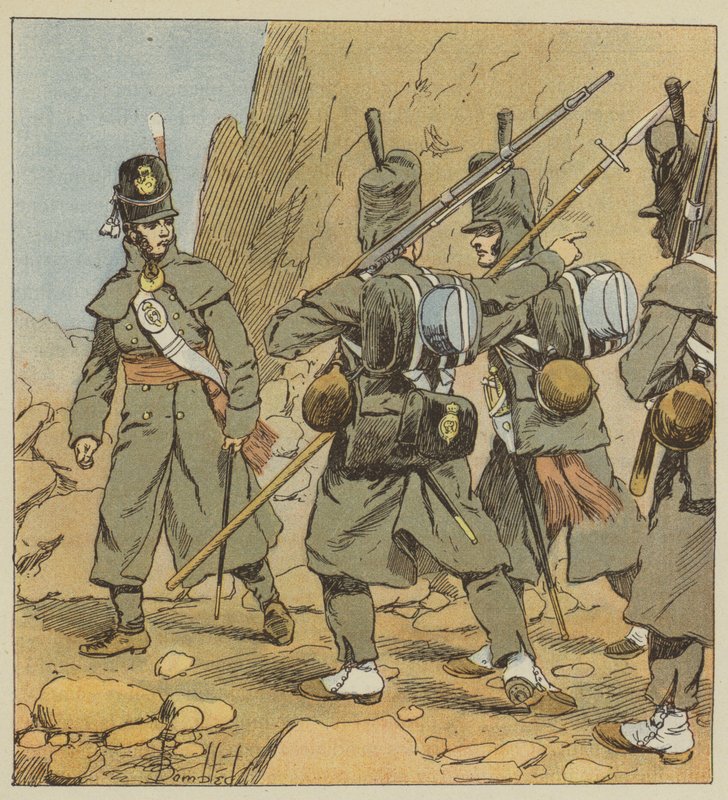 Engelske soldater fra 1. regiment av Foot Guard, i roaddress, Spania, 1814 av after Louis Charles Bombled