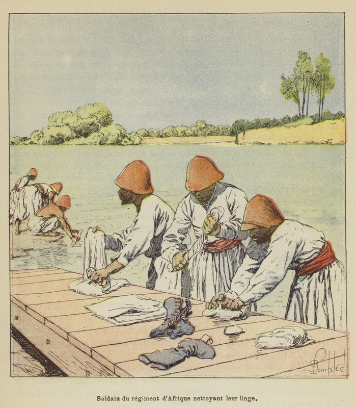 Soldater fra det afrikanske regimentet renser klesvasken av after Louis Charles Bombled