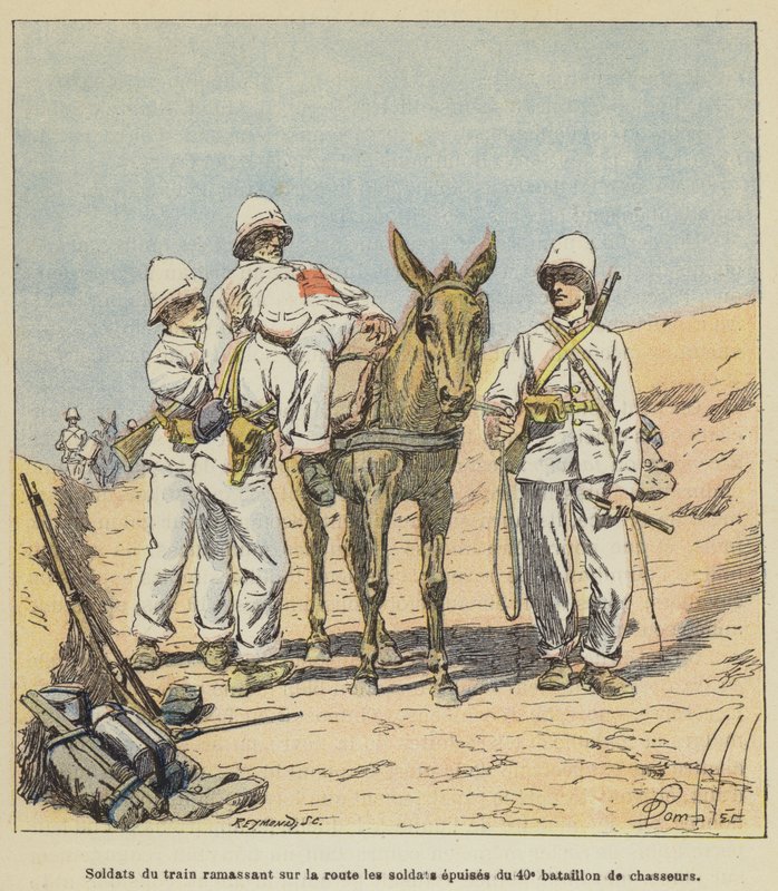 Soldater fra toget plukker opp de utmattede soldatene fra 40. Chasseur Bataljon fra veien av after Louis Charles Bombled