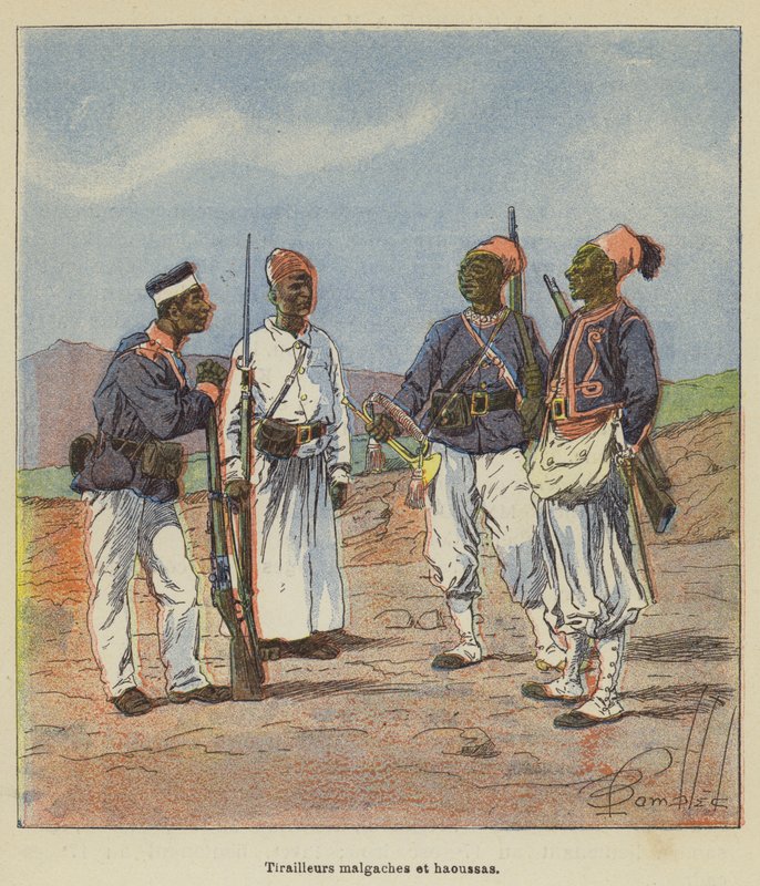 Malagasy og Hausa trefninger av after Louis Charles Bombled