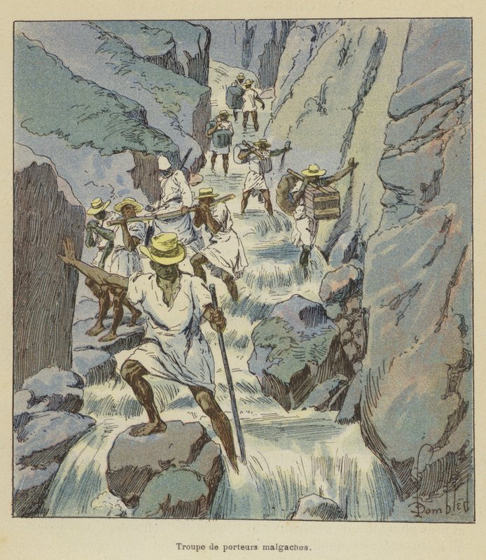 Troppen av malagasiske bærere av after Louis Charles Bombled