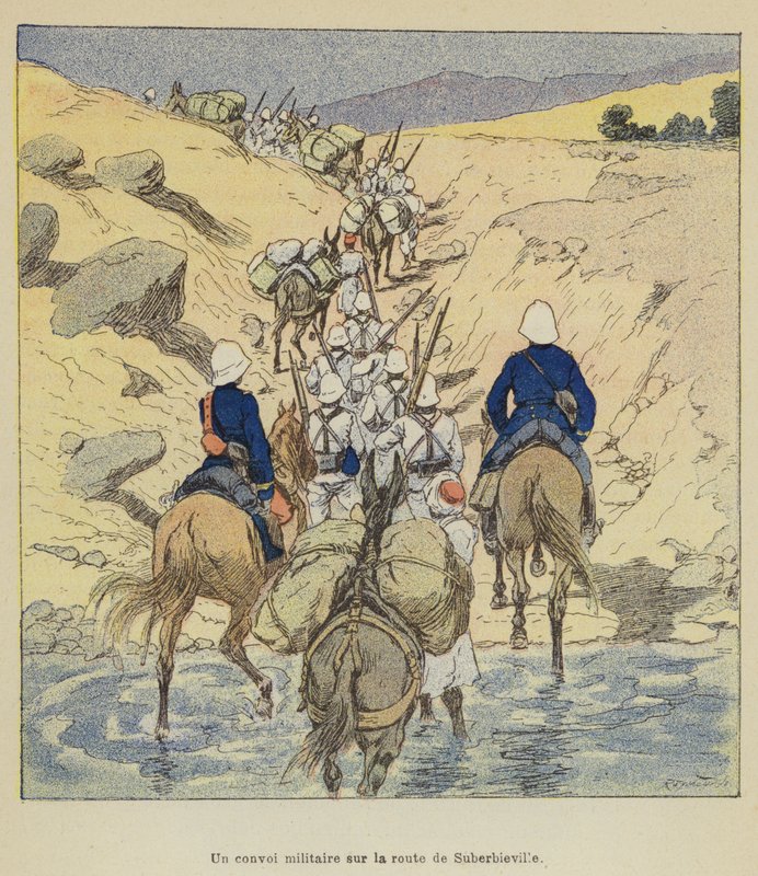 En militærkonvoi på veien til Suberbieville av after Louis Charles Bombled