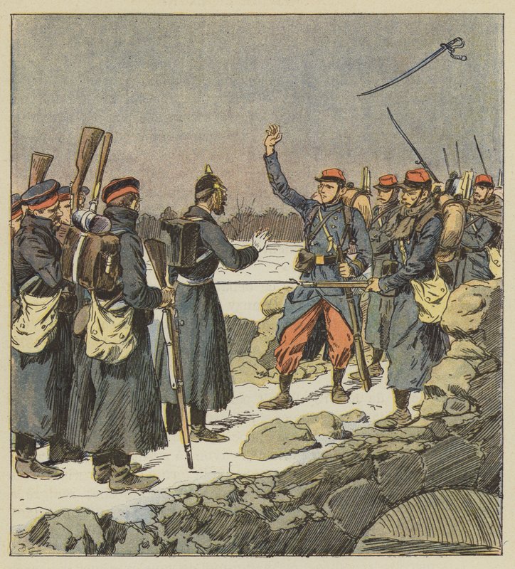 En tysk offiser returnerer sverdet sitt til en fransk korporal som kaster det mot vinden av after Louis Charles Bombled