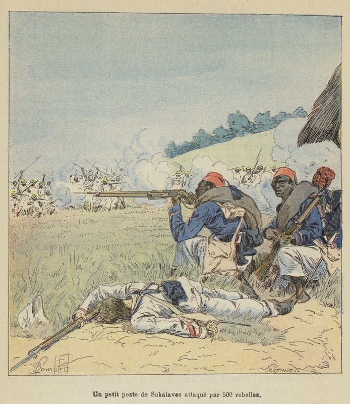 En liten post av Sakalaves angrepet av 500 opprørere av after Louis Charles Bombled