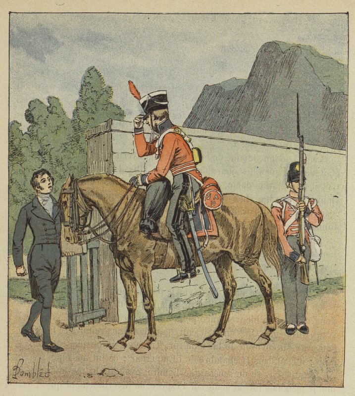 En betjent på hesteryggen kommer til Longwood for å be om Le Sages atlas av after Louis Charles Bombled