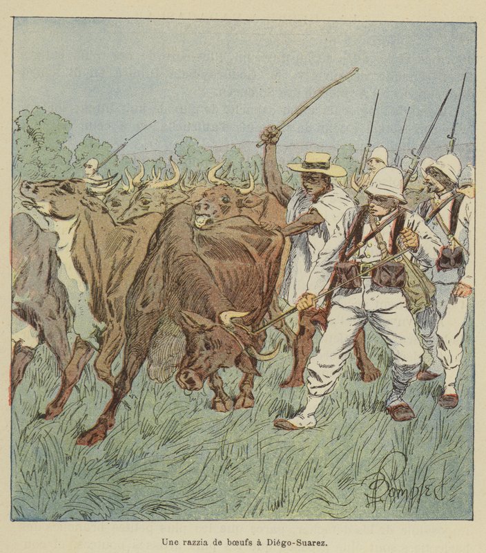 Et storfe-raid i Diego-Suarez av after Louis Charles Bombled