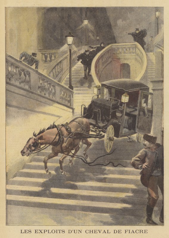En hest som drar en drosje ned en trappetrinn i Paris av after Oswaldo Tofani