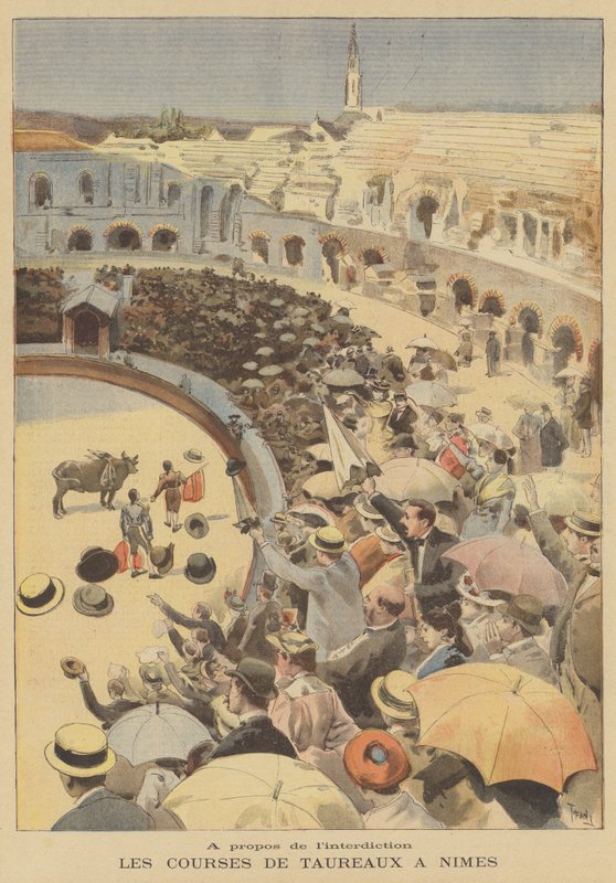 Tyrefekting i det romerske amfiteateret i Nimes av after Oswaldo Tofani