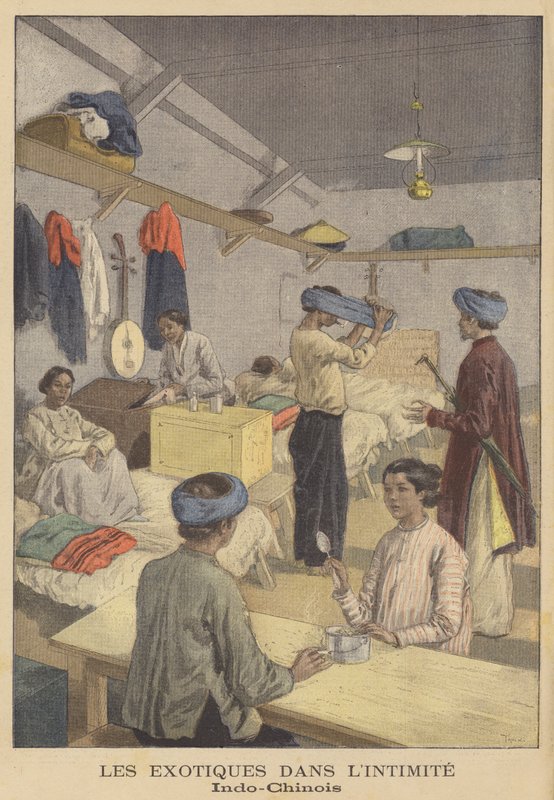 Folk fra Fransk Indokina i deres innkvartering på Exposition Universelle i 1900 i Paris av after Oswaldo Tofani
