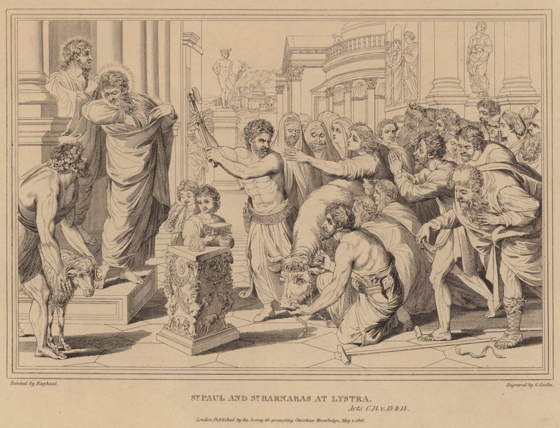 St Paul og St Barnabas i Lystra, Apg av after Raphael