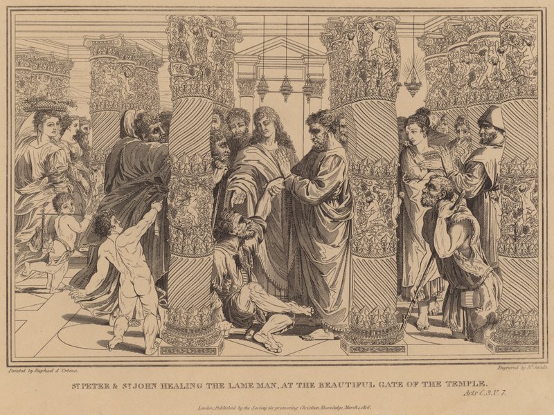 St. Peter og St. Johannes helbreder den lamme mannen, ved den vakre tempelporten, Apg av after Raphael