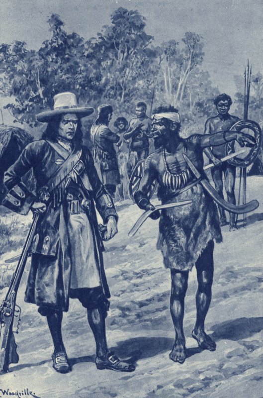 Kaptein William Dampier, som utforsker Australias vestkyst, ser en boomerang for første gang av after Richard Caton II Woodville