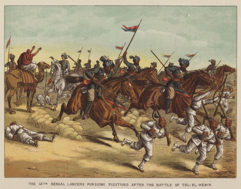 De 13. Bengal Lancers forfølger flyktninger etter slaget ved Tel-El-Kebir av after Richard Simkin