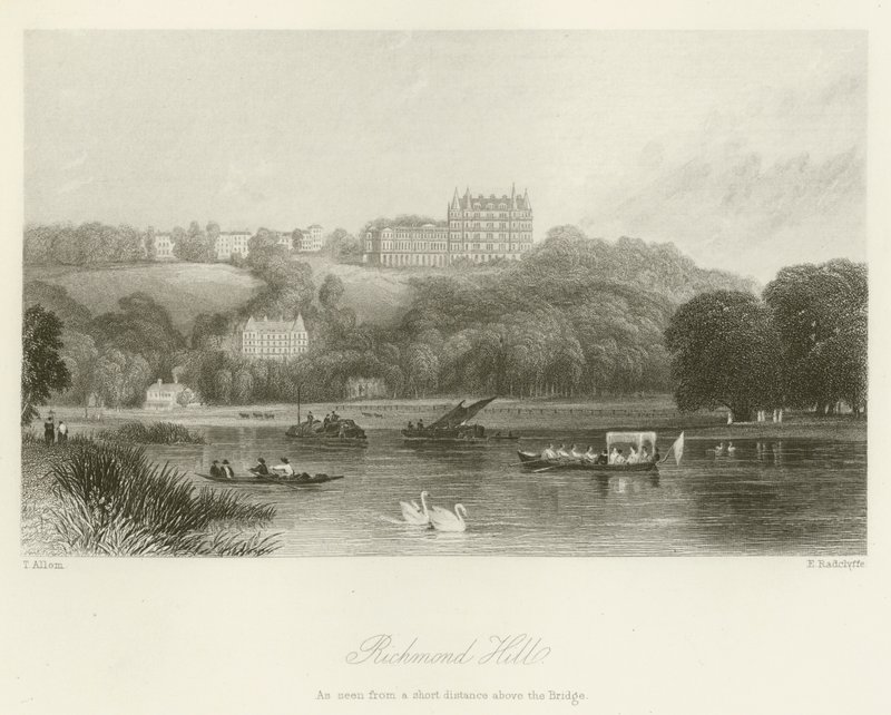 Richmond Hill, sett fra et lite stykke over broen av after Thomas Allom