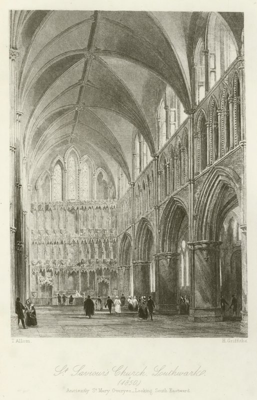 St Savios Church, Southwark, 1850, gammelt St Mary Overyes, med utsikt mot sørøst av after Thomas Allom