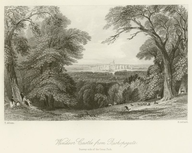 Windsor Castle fra Bishopsgate, Surrey-siden av Great Park av after Thomas Allom