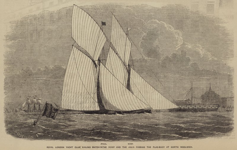 Royal London Yacht Club Sailing Match, Romp og Julia passerer flaggbøyen ved North Woolwich av after Thomas Harrington Wilson