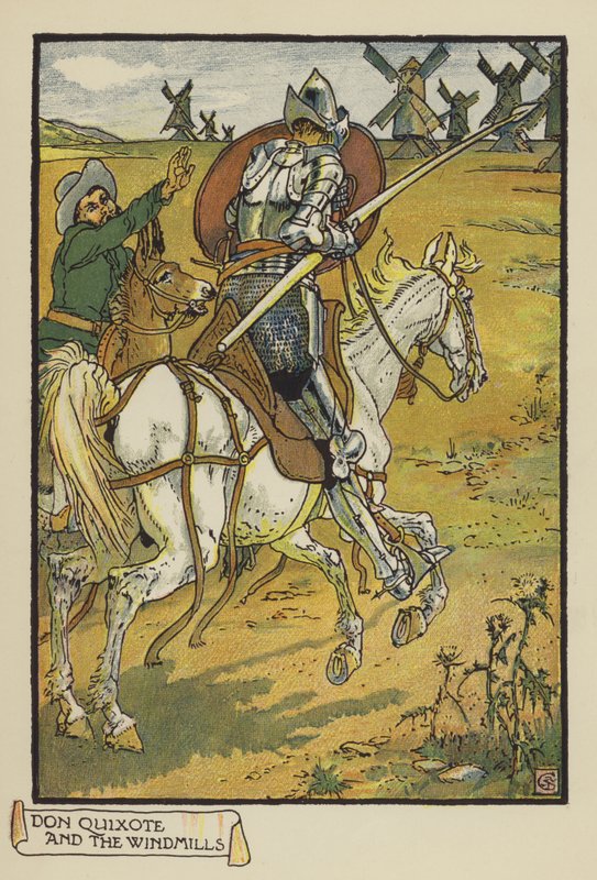 Don Quijote og vindmøllene av after Walter Crane