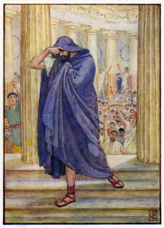 Han forlot forsamlingen og gjemte ansiktet i kappen av after Walter Crane