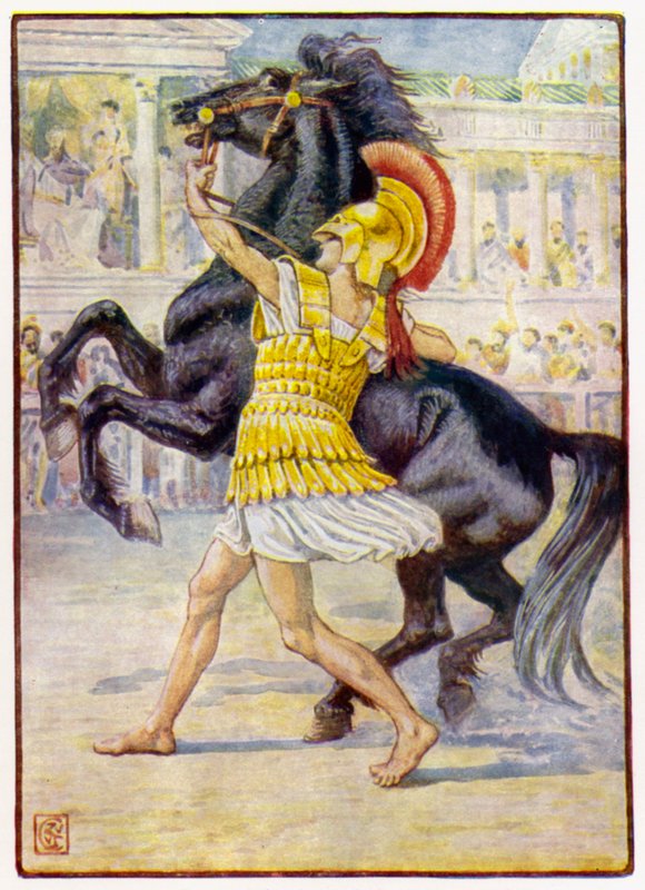 Han løp mot hesten og grep tøylen av after Walter Crane