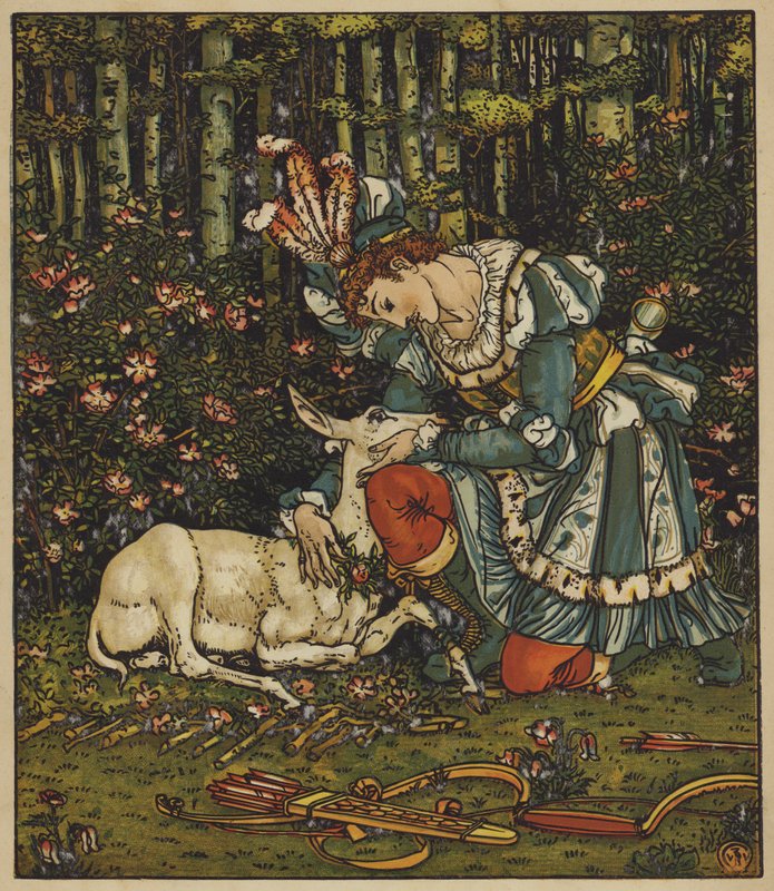 Prins Guerrier pleier den sårede hinden av after Walter Crane