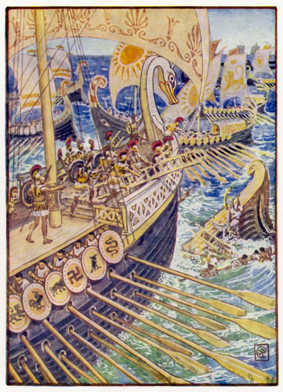 Skipet stormet mot skipet, til de persiske døde strøket dypt som blomster av after Walter Crane