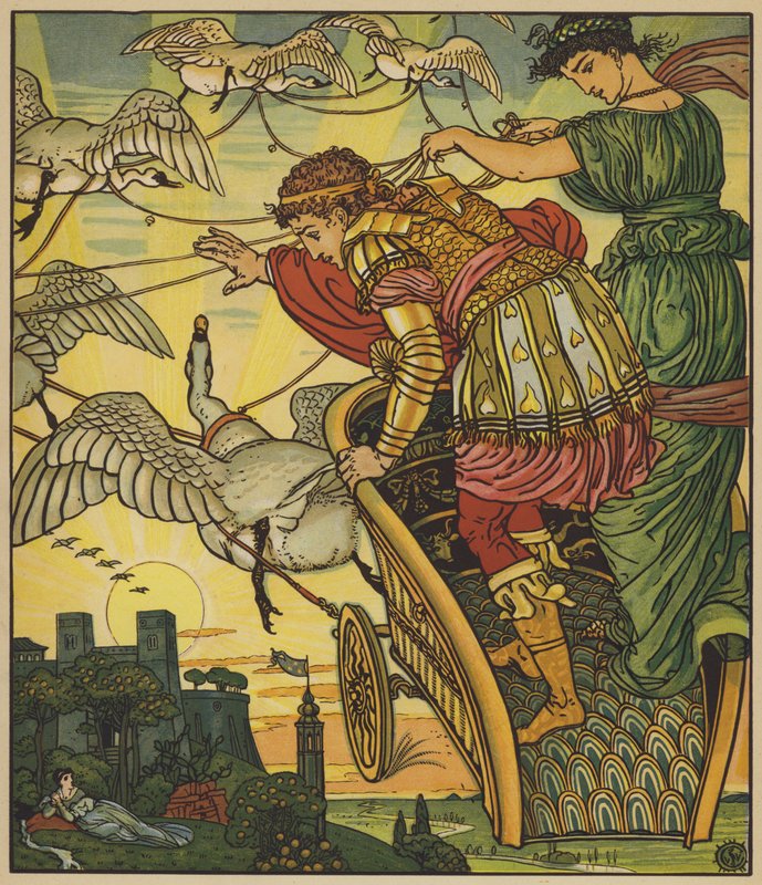 The Fairy of the Desert bærer bort kongen av gullgruvene av after Walter Crane