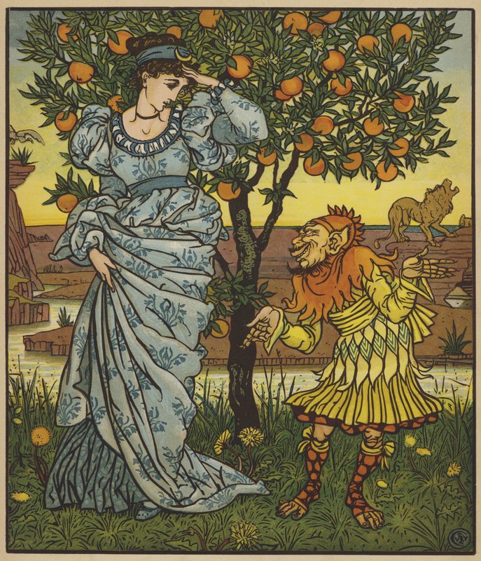 Den gule dvergen redder prinsessen fra løvene av after Walter Crane