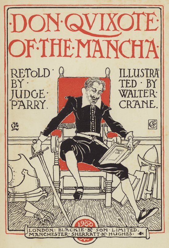 Tittelsideillustrasjon for Don Quijote fra Mancha av after Walter Crane