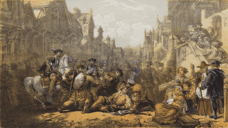 Old Linlithgow, Assassination of Regent Moray (chromolitho) av after William Allan