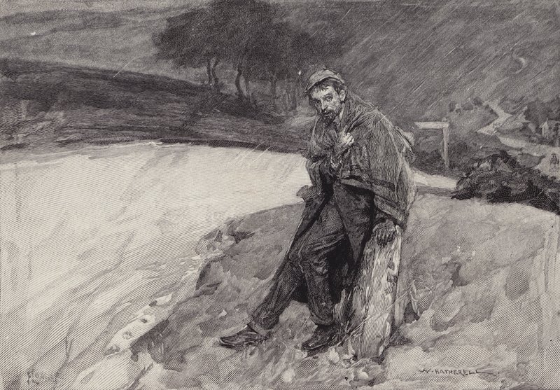 Jude ved milepælen: scene fra Thomas Hardys roman Jude the Obscure av after William Hatherell