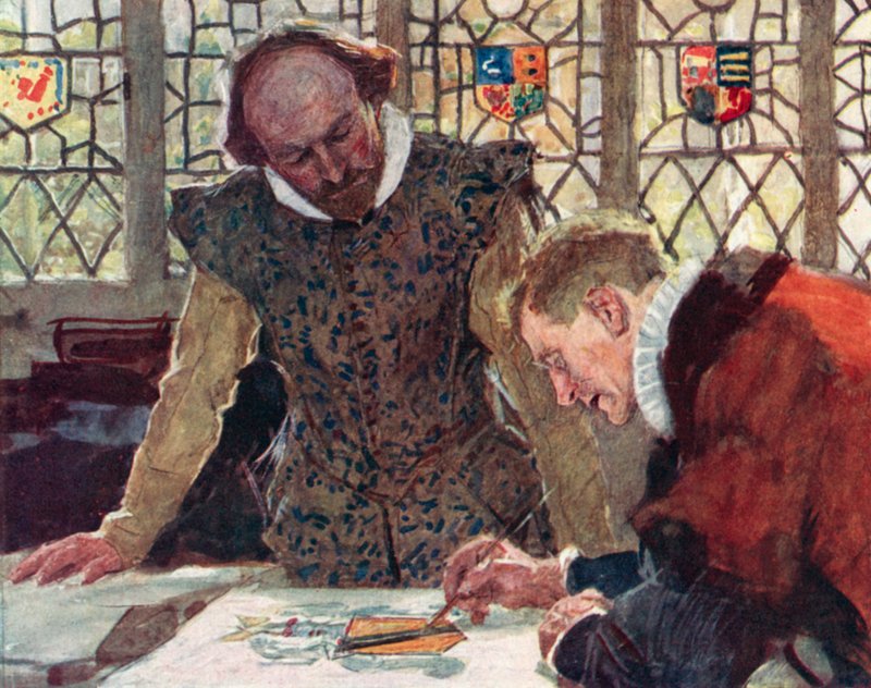 Shakespeare ved Heralds College på Pauls Wharf Hill for å diskutere farens våpenskjold av after William Hatherell