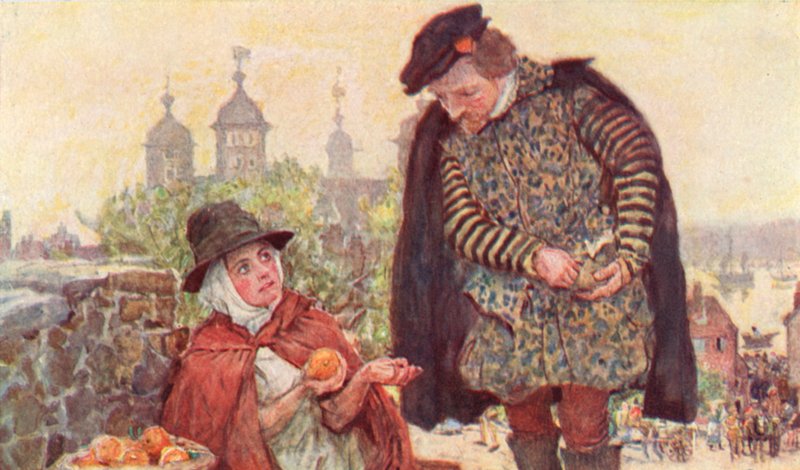 Shakespeare kjøper en to-penny appelsin fra en fruktselger på Tower Hill, London av after William Hatherell