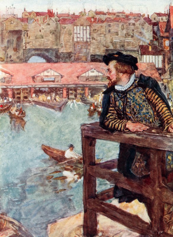Shakespeare stirrer på vannmøllene under London Bridge av after William Hatherell