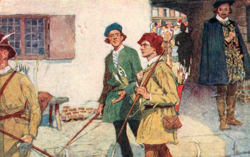 Shakespeare ser en gruppe lærlinger med pil og bue som går til bueskytingsbanen ved Moorfields, London av after William Hatherell