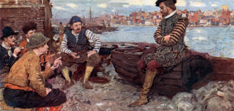 Shakespeare snakker med noen av Raleighs menn tilbake fra den spanske Main av after William Hatherell
