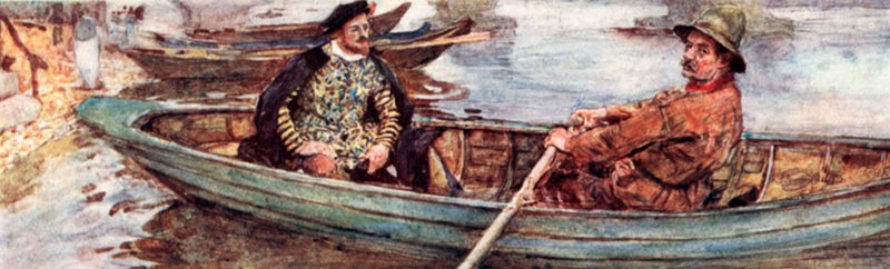 Shakespeare med en vannmann blir rodd nedover Themsen, London av after William Hatherell